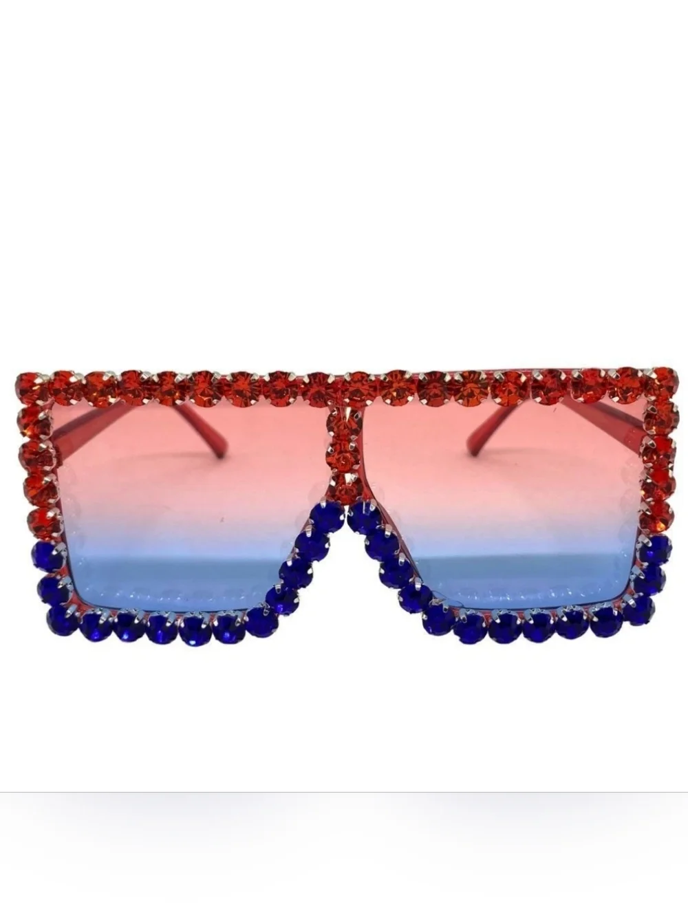 Unisex Crystal Embellished Red & Blue Oversized Square Sunglasses